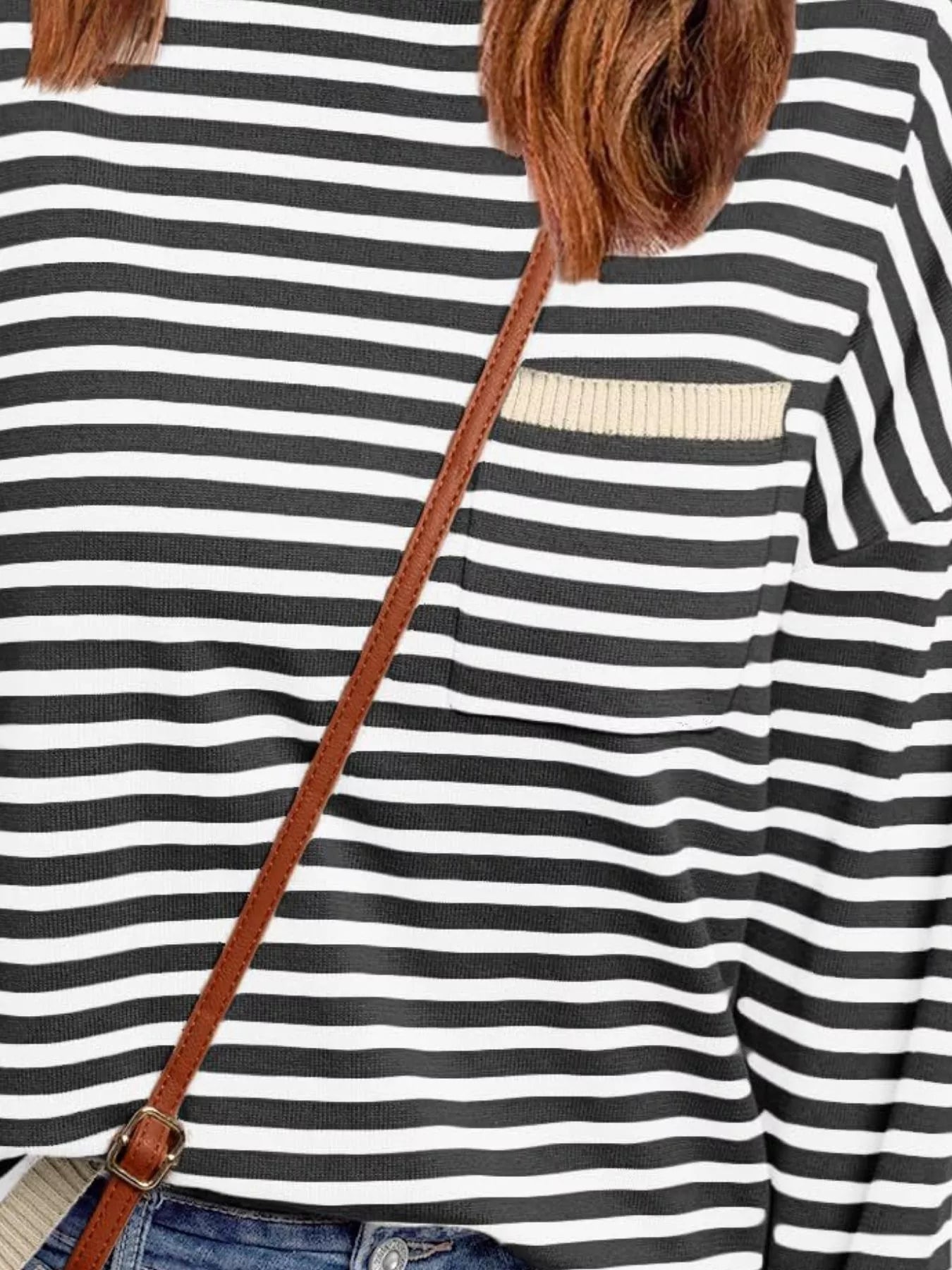 Sarah Express Women's Striped Round Neck Long Sleeve Knit Top with Pockets