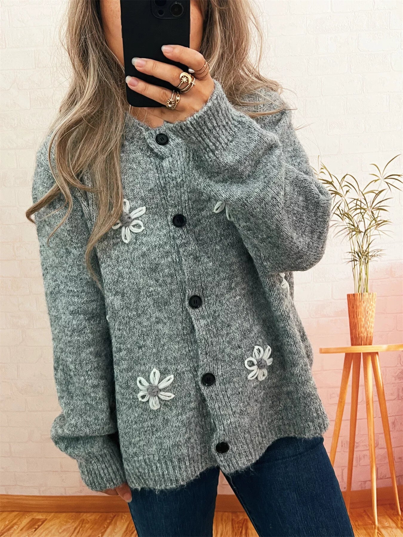 Sarah Express Women's Flower Button-Down Cardigan Gray One Size