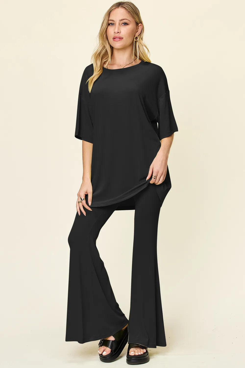 Sarah Express Women's Round Neck Drop Shoulder T-Shirt and Flare Pants Set Black
