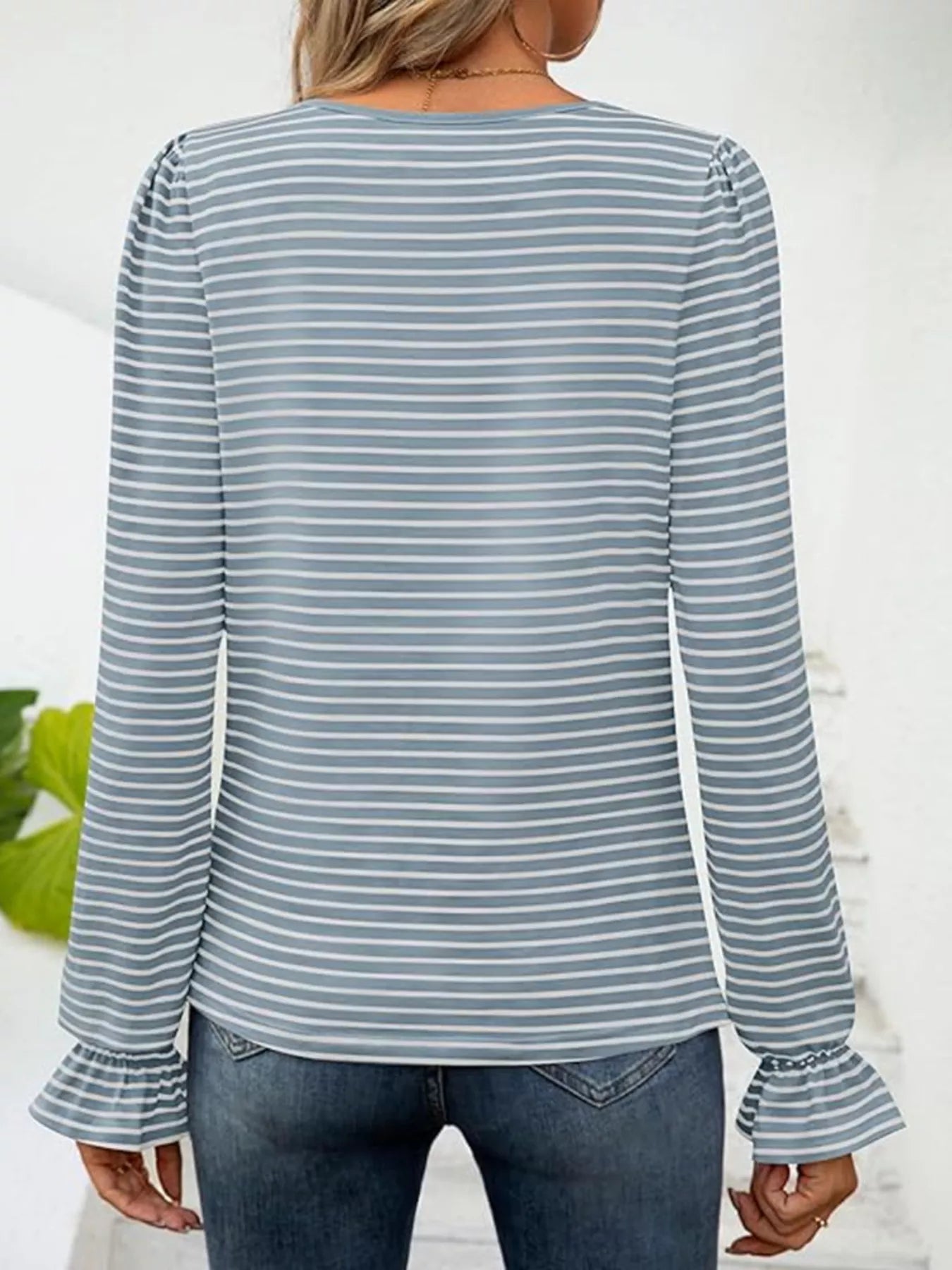 Sarah Express Women's Striped Long Sleeve T-Shirt with Square Neckline