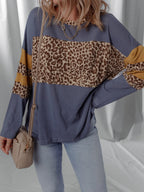 Sarah Express Women's Leopard Color Block Long Sleeve Drop Shoulder Top
