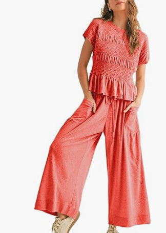 Pleated Top Wide Leg Pants 2-Piece Matching Set