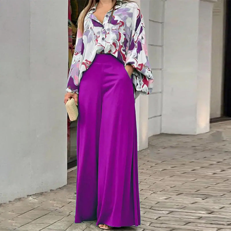 Women's Loose Elegant Printed Shirt and Wide Leg Pants Two-Piece Set