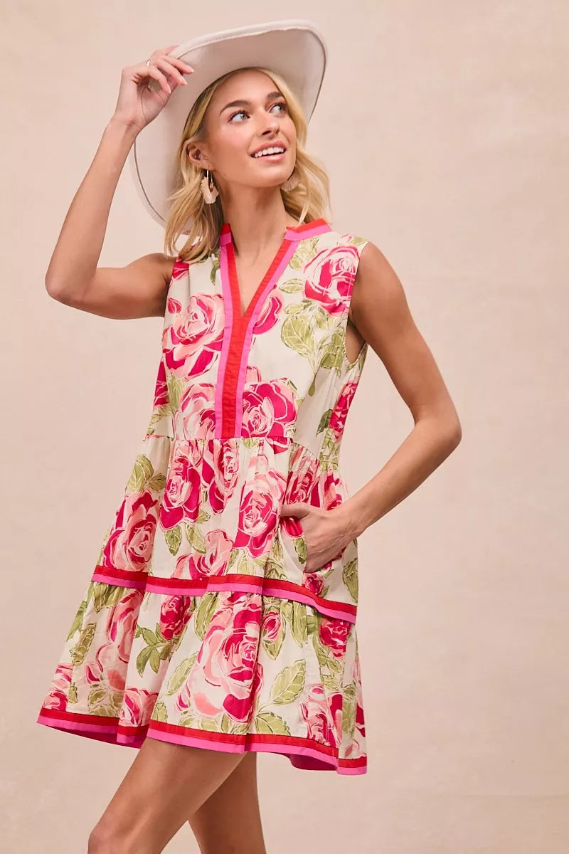 Trendsi BiBi Floral Woven Contrast Edge Tiered Ruffle Mini Dress