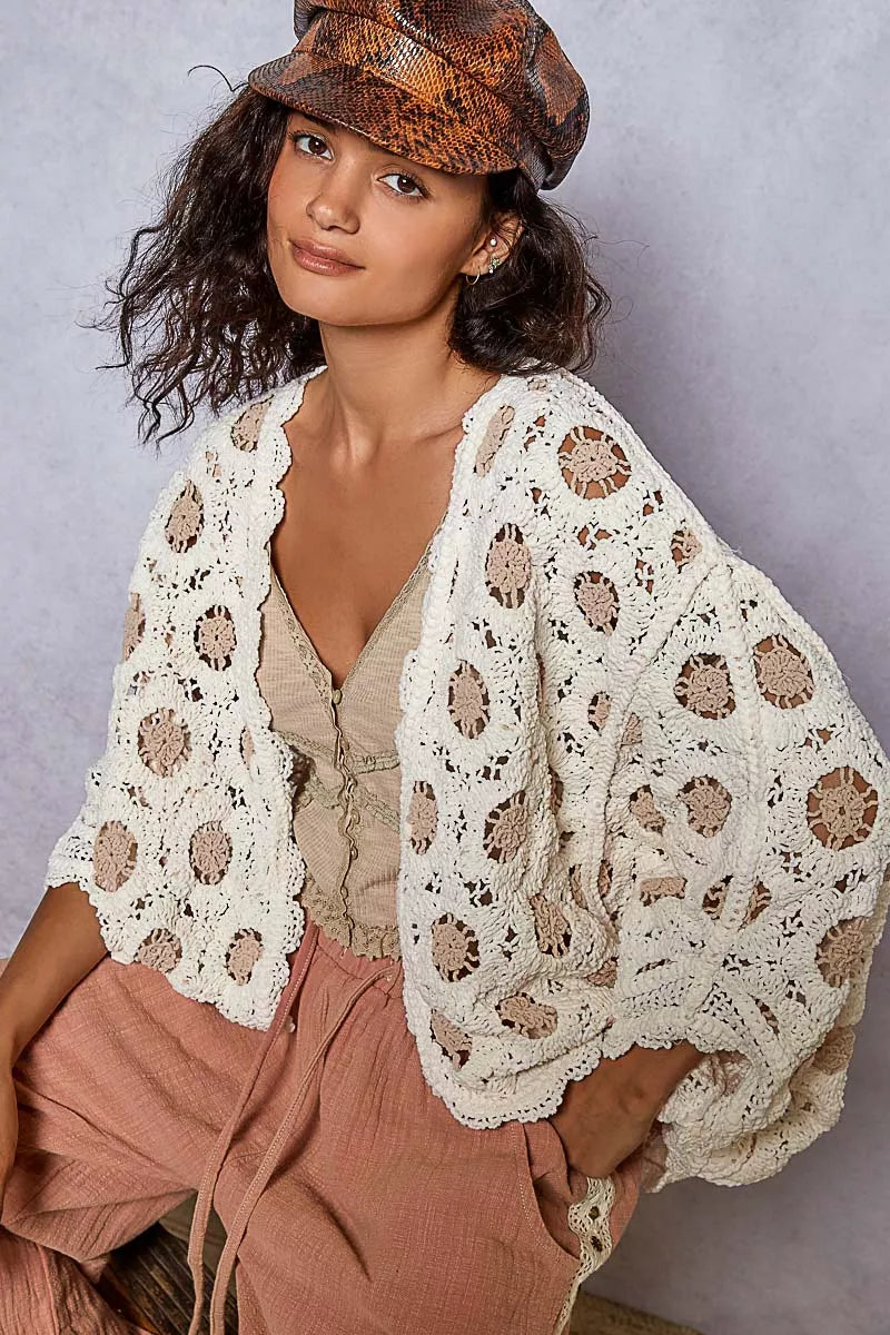 Sarah Express Women’s Openwork Chenille Cardigan with Floral Contrast V-Neck