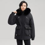 Sarah Express Women's Horn Button Parka Coat with Fur Collar Loose Fit Thick Winter Jacket