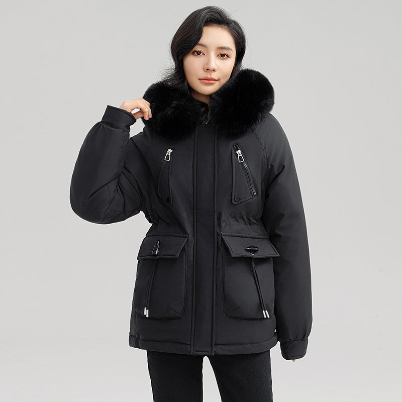 Sarah Express Women's Horn Button Parka Coat with Fur Collar Loose Fit Thick Winter Jacket