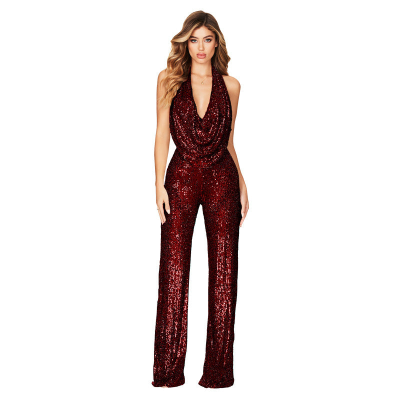 Women's Sequined Halter Jumpsuit Sleeveless Backless Wide Leg Summer Party Evening One-Piece