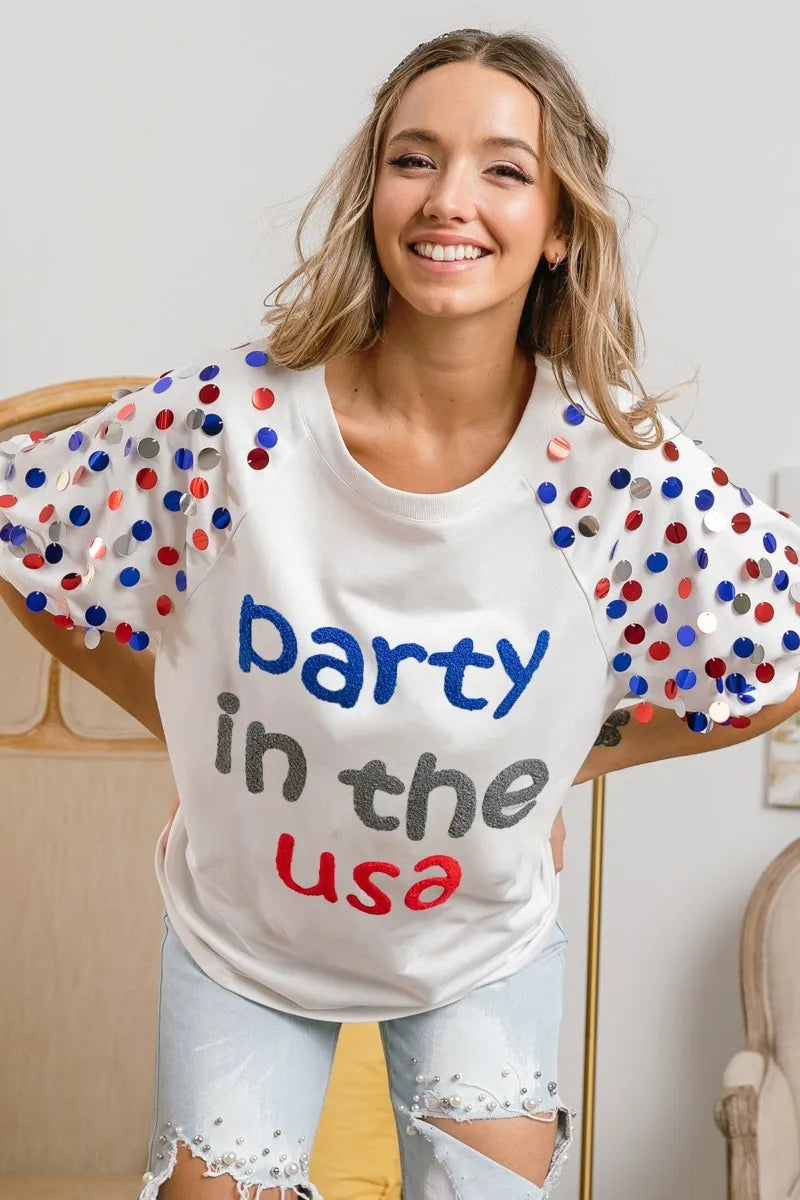 Sarah Express Women’s "Party In The USA" Spangle Puff Sleeve Top