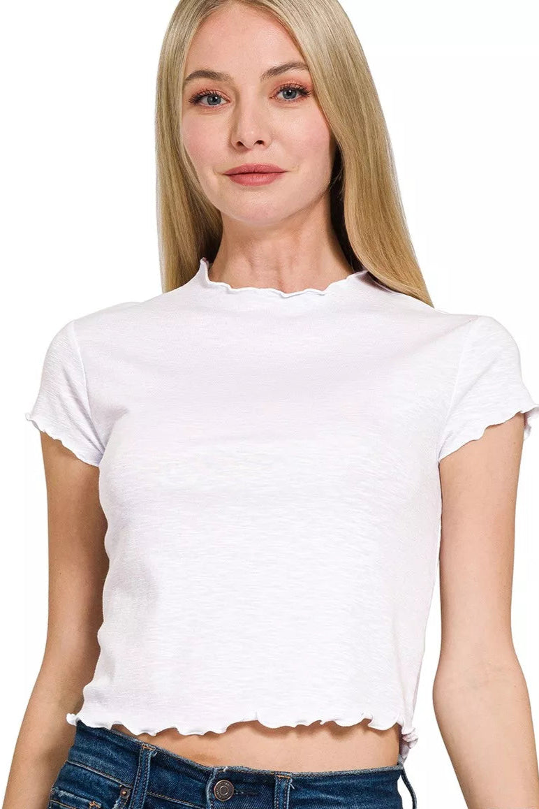 Sarah Express Women’s Cotton Modal Cropped T-Shirt with Lettuce Trim