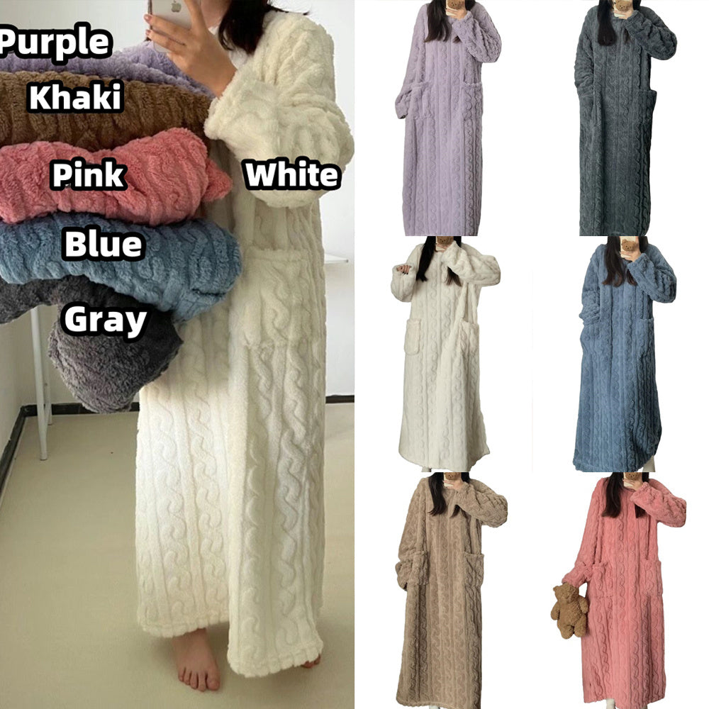 Women's Coral Fleece Nightgown - Long Sleeve Winter Sleep Dress with Pockets - Warm Loungewear