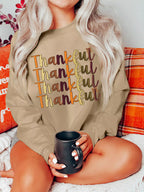 Sarah Express Women's Thankful Repeated Print Drop Shoulder Sweatshirt Khaki