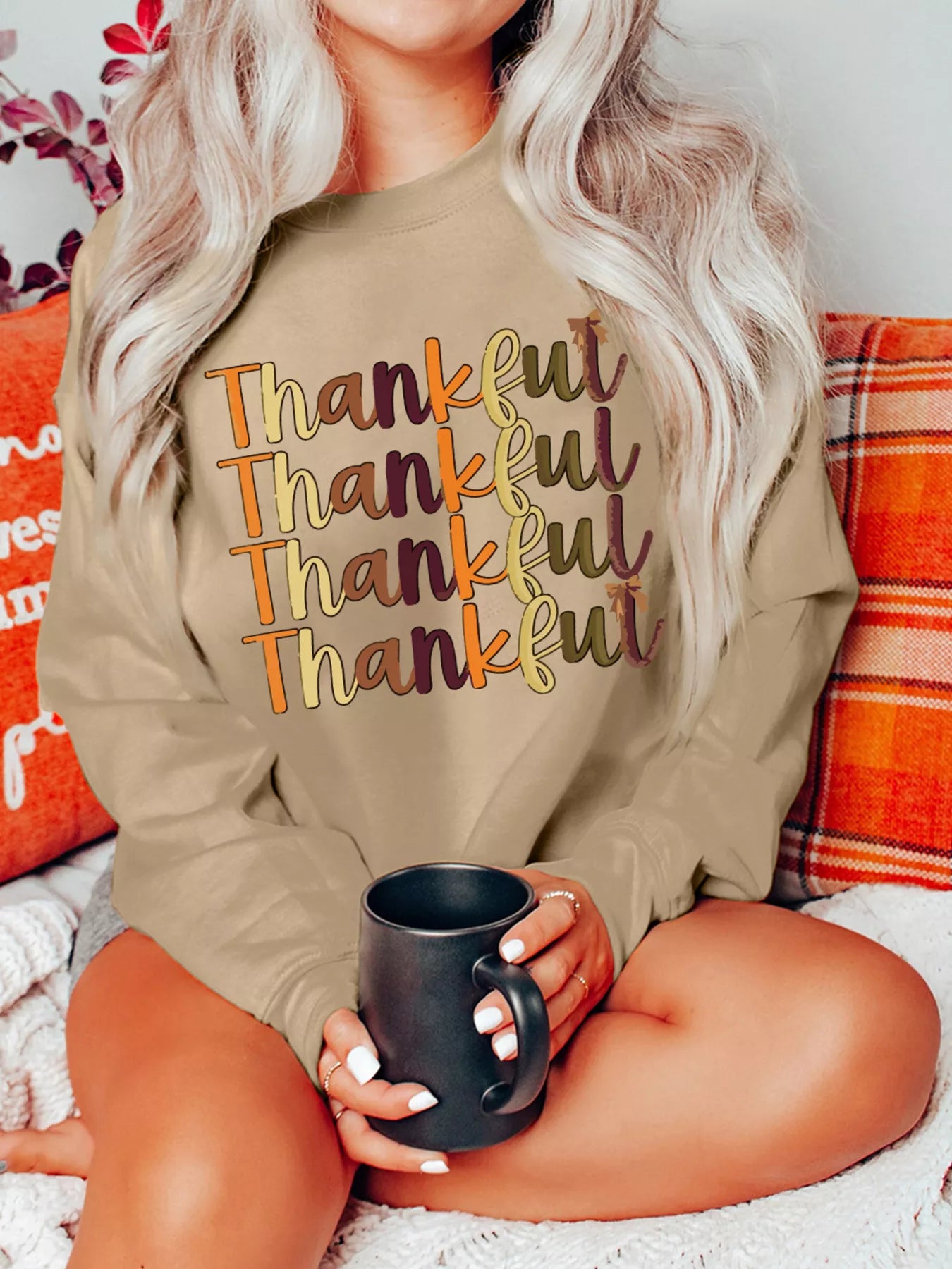 Sarah Express Women's Thankful Repeated Print Drop Shoulder Sweatshirt Khaki