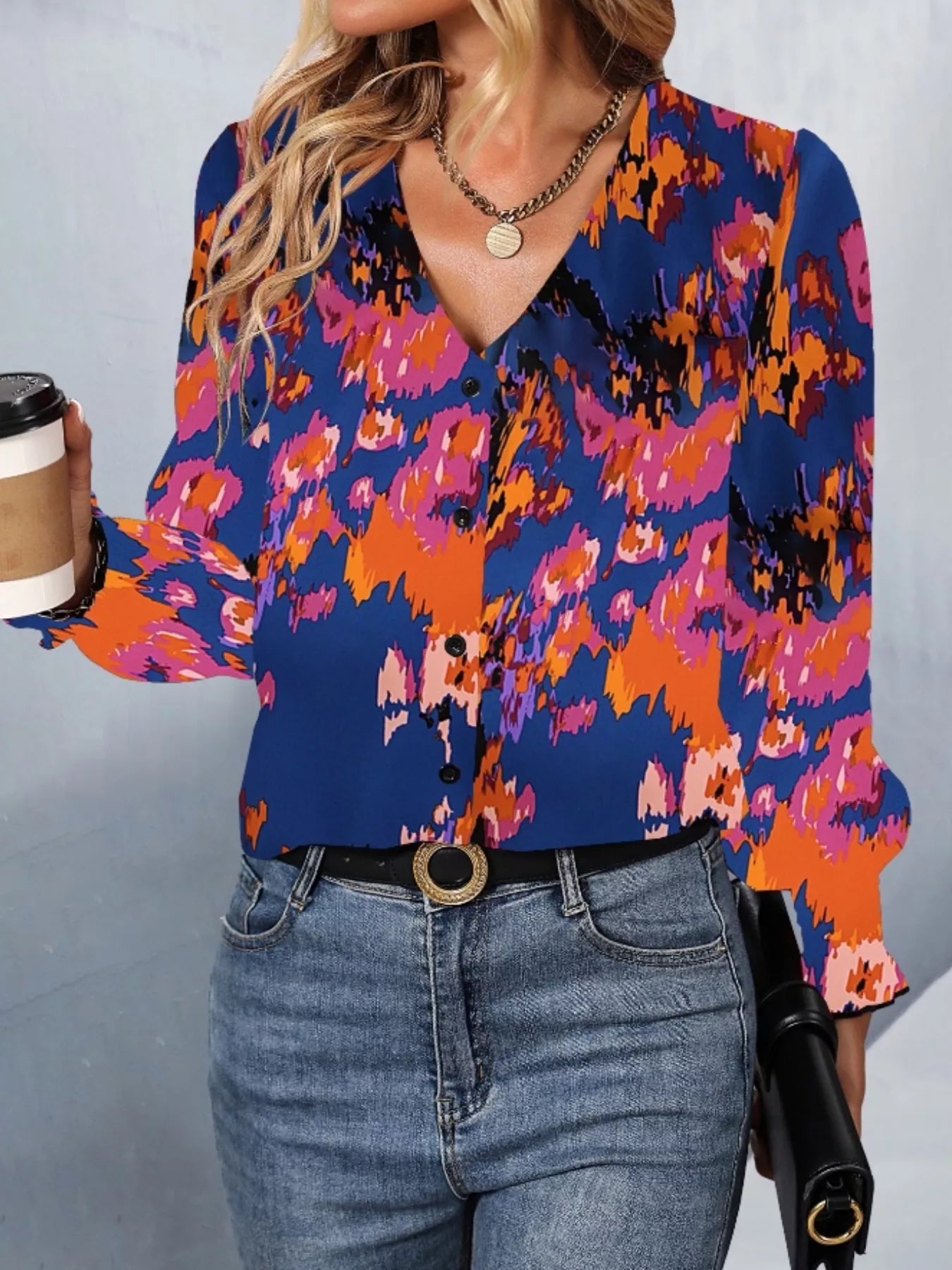 Sarah Express Women's Printed Button Up Long Sleeve Shirt