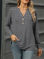 Sarah Express Women's Striped Henley T-Shirt with Button Detail