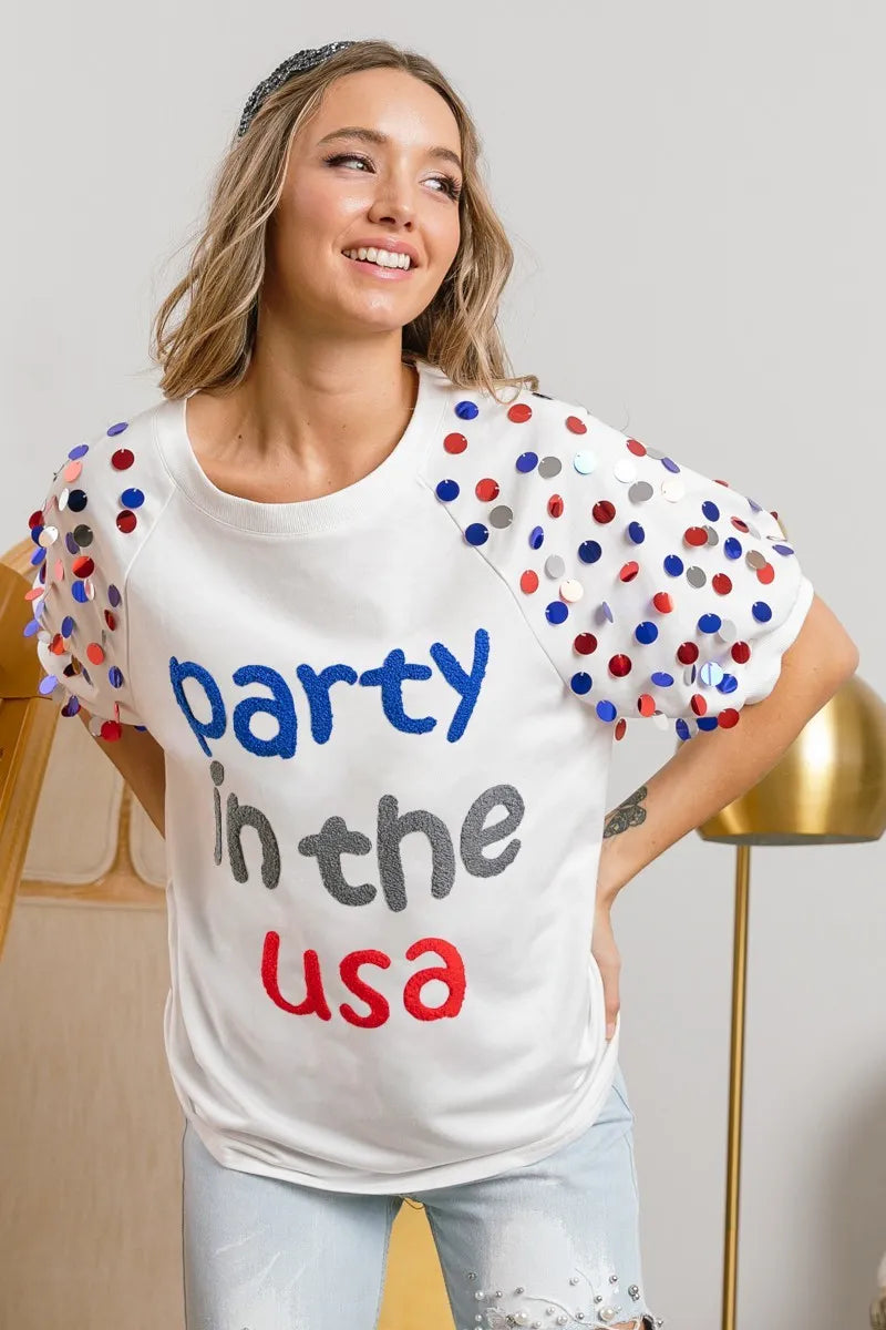 Sarah Express Women’s "Party In The USA" Spangle Puff Sleeve Top