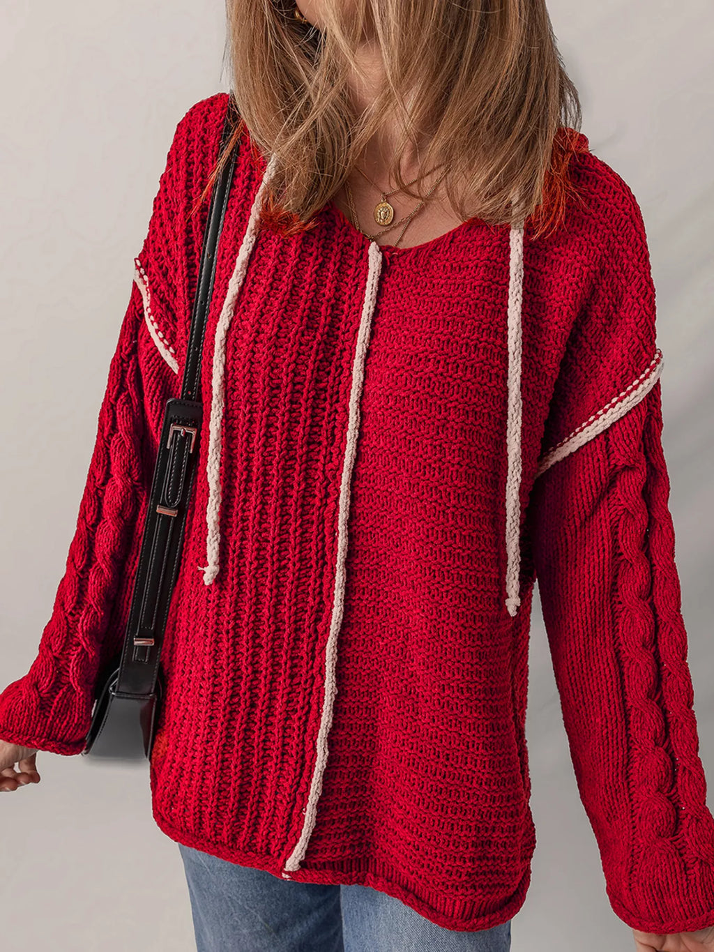 Sarah Express Women's Contrast Trim Cable-Knit Drawstring Hooded Sweater