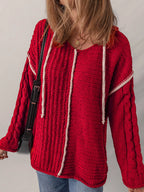 Sarah Express Women's Contrast Trim Cable-Knit Drawstring Hooded Sweater