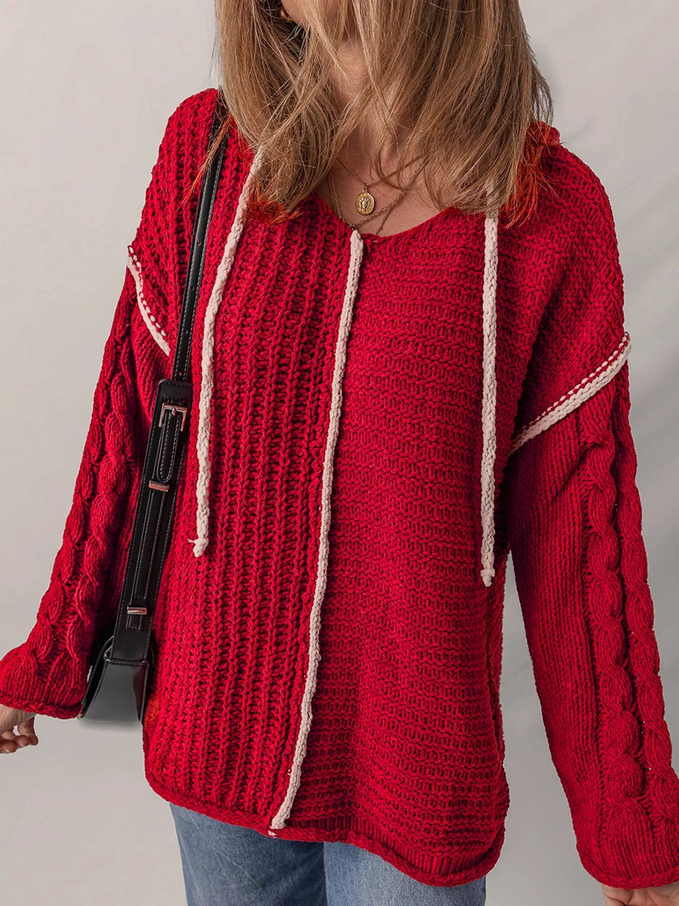 Sarah Express Women's Contrast Trim Cable-Knit Drawstring Hooded Sweater