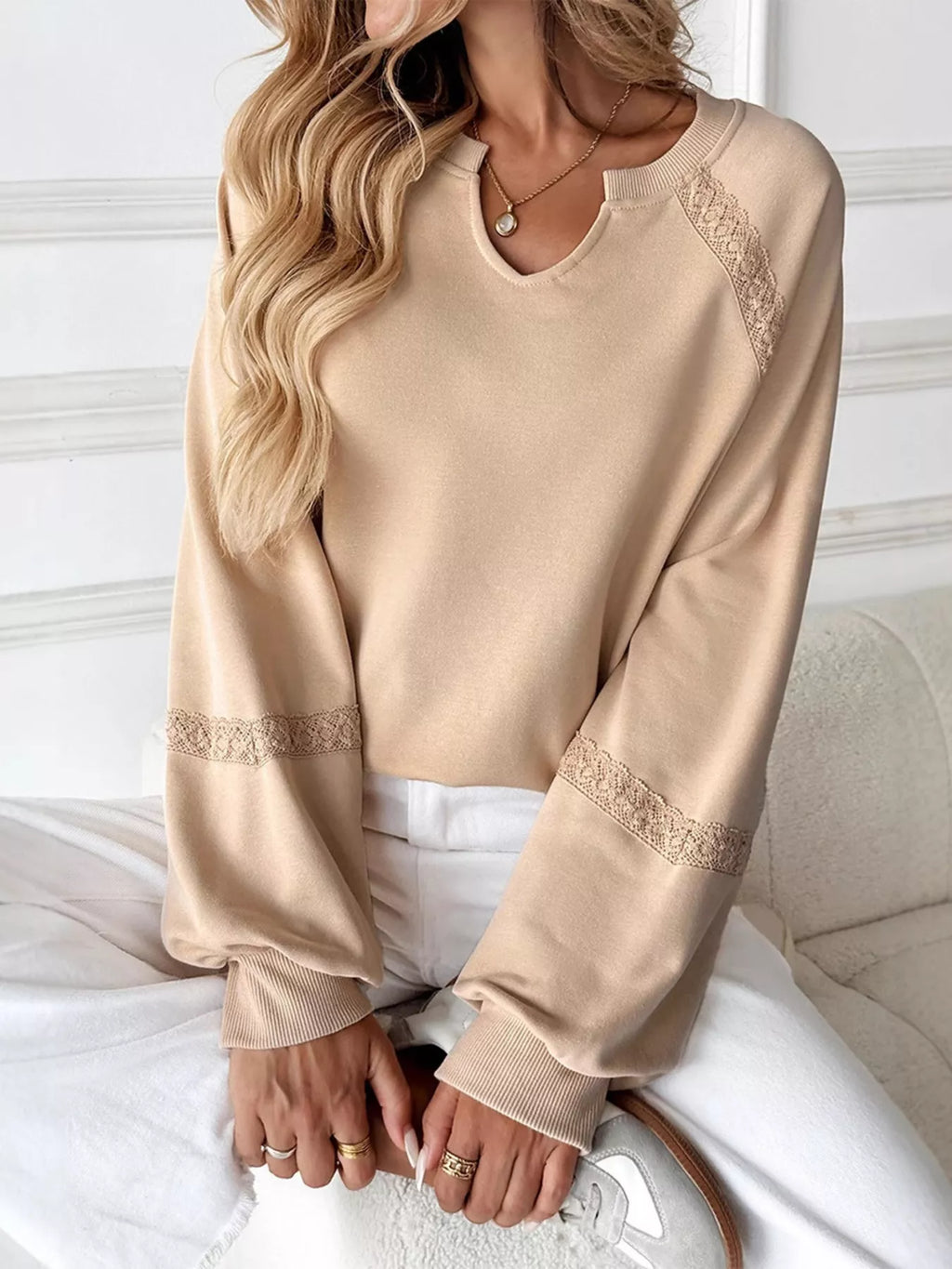Sarah Express Women's Lace Detail Notched Long Sleeve Sweatshirt - Oversized Casual Pullover Apricot