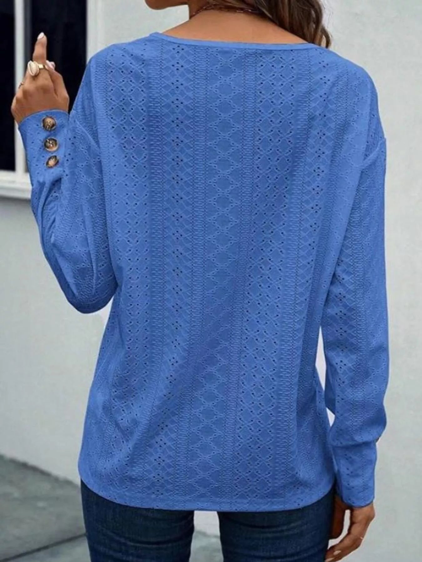 Sarah Express Women's Eyelet V-Neck Long Sleeve Blouse