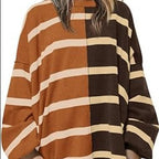 Women's Striped Knit Sweater Long Sleeve Pullover Loose Fit Acrylic
