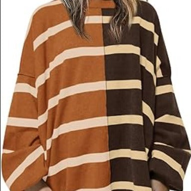 Women's Striped Knit Sweater Long Sleeve Pullover Loose Fit Acrylic