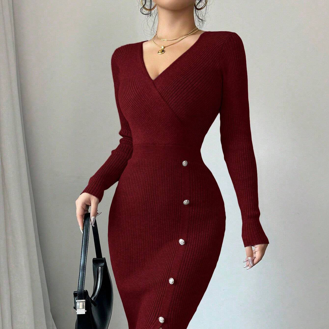 Women's High Waist Long Sleeve Bodycon Knit Maxi Dress Sheath