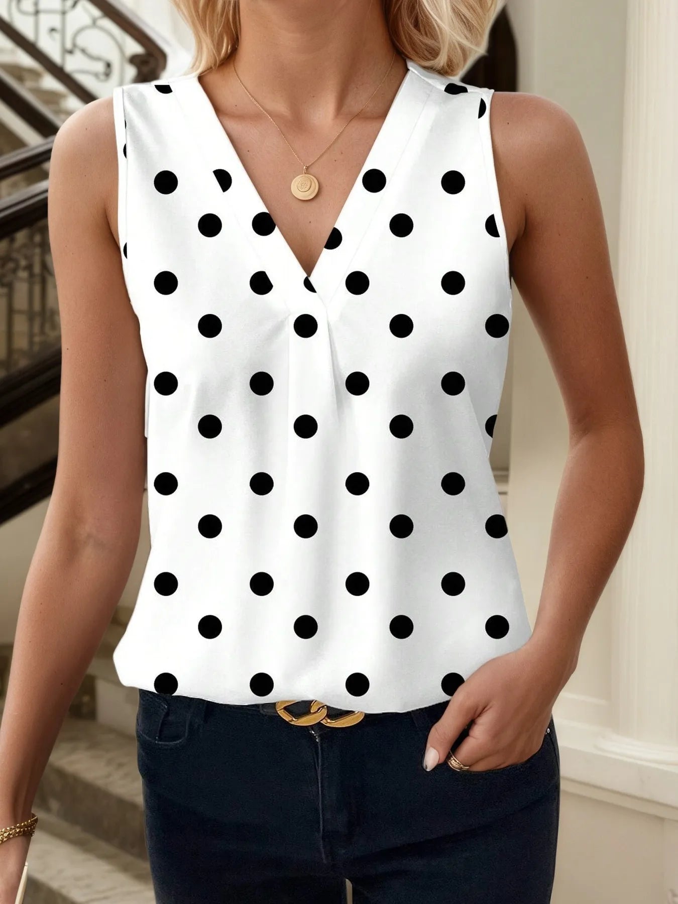 Sarah Express Women's Printed V-Neck Tank - Casual Basic Style Top Dot