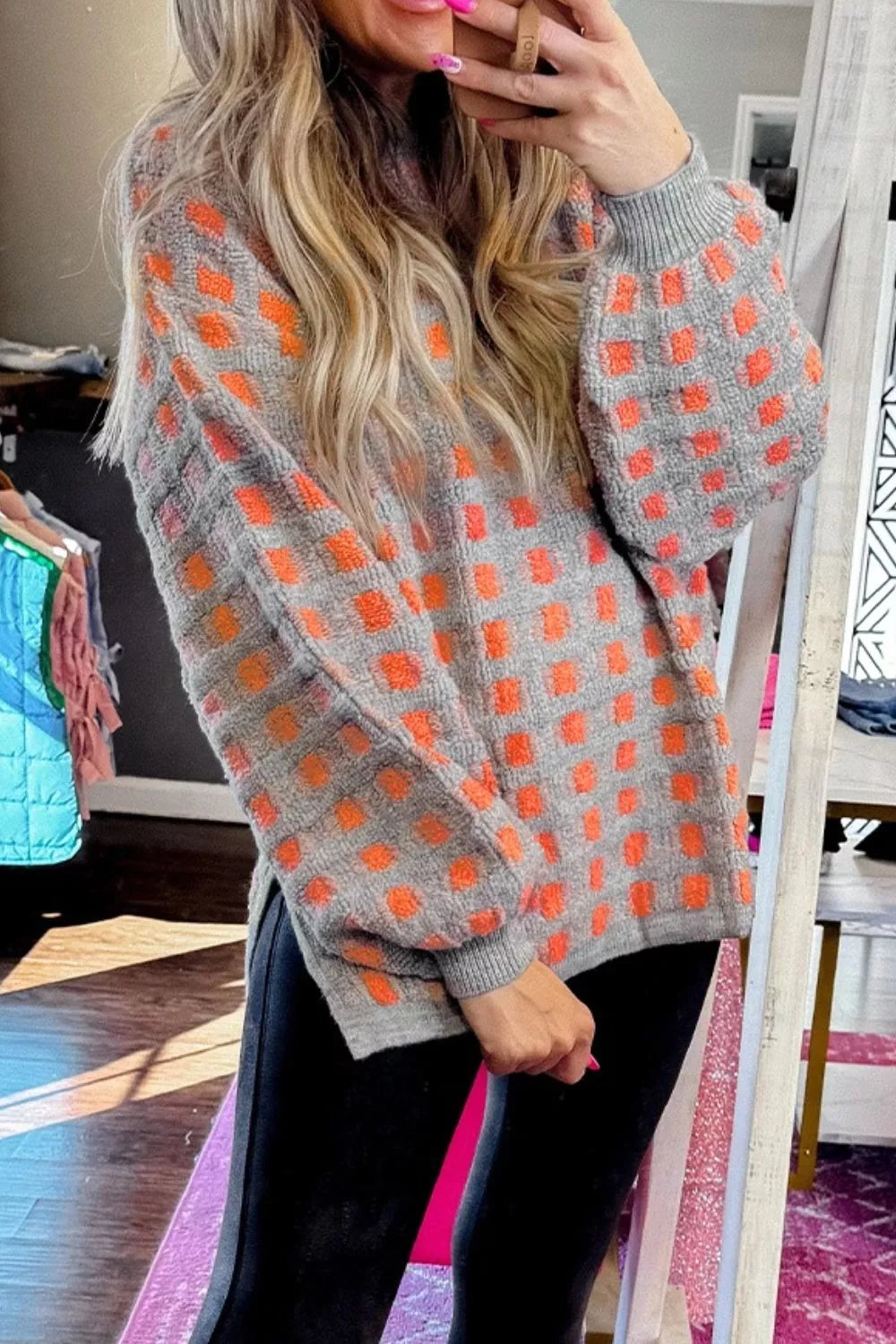 Sarah Express Women's Plaid Round Neck Dropped Shoulder Sweater Gray