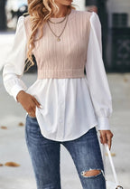 Wavy Stripe Blouse Long Sleeve Stitching Detail Pullover Top