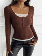 Sarah Express Women's Lace Detail Long Sleeve Ribbed Top