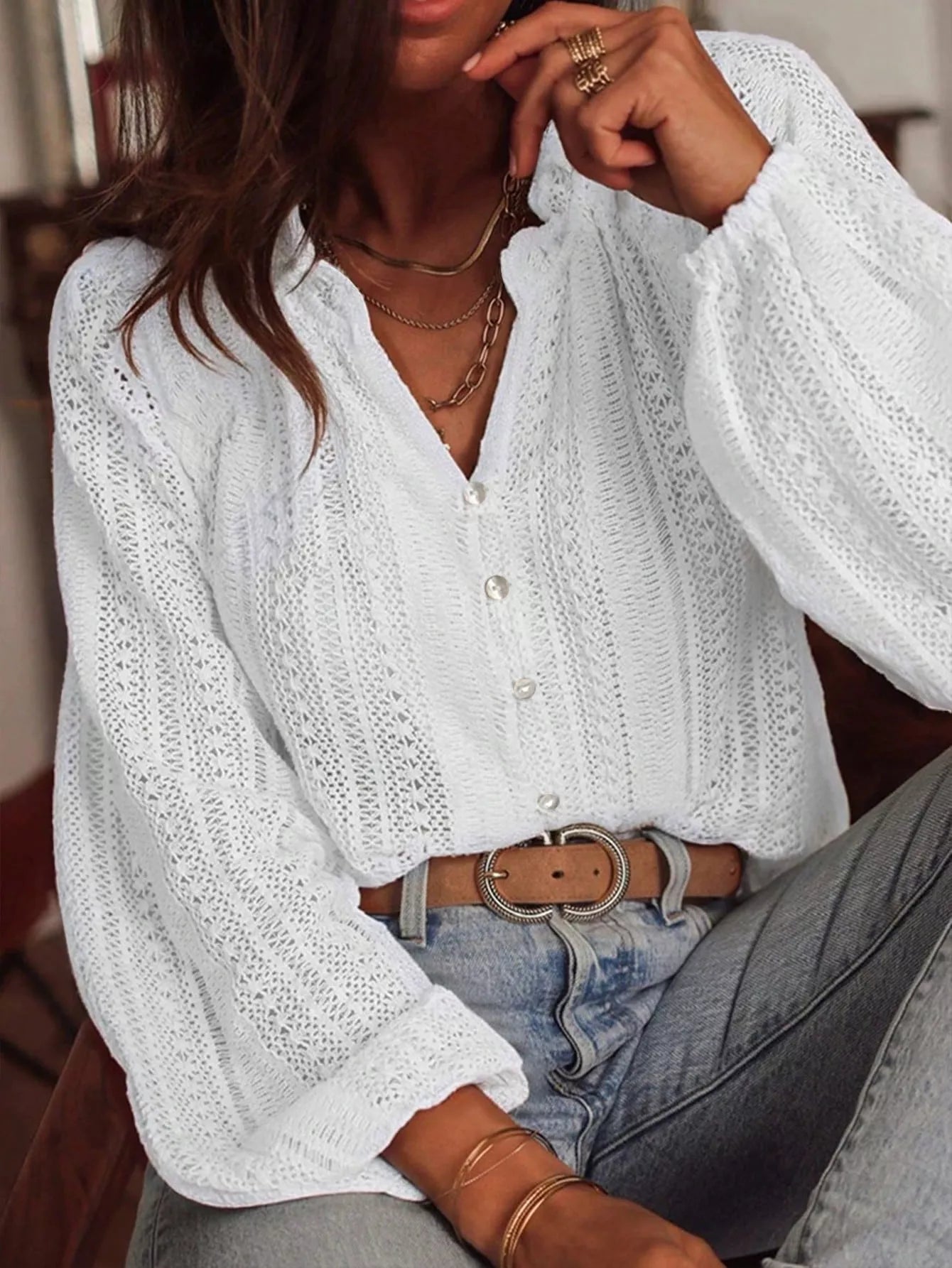 Sarah Express Women's Lace Notched Long Sleeve Shirt - Elegant Button-Up Blouse White