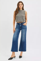 Sarah Express Women’s Plus Size Mid Rise Cropped Wide Leg Jeans with Raw Cut Hem
