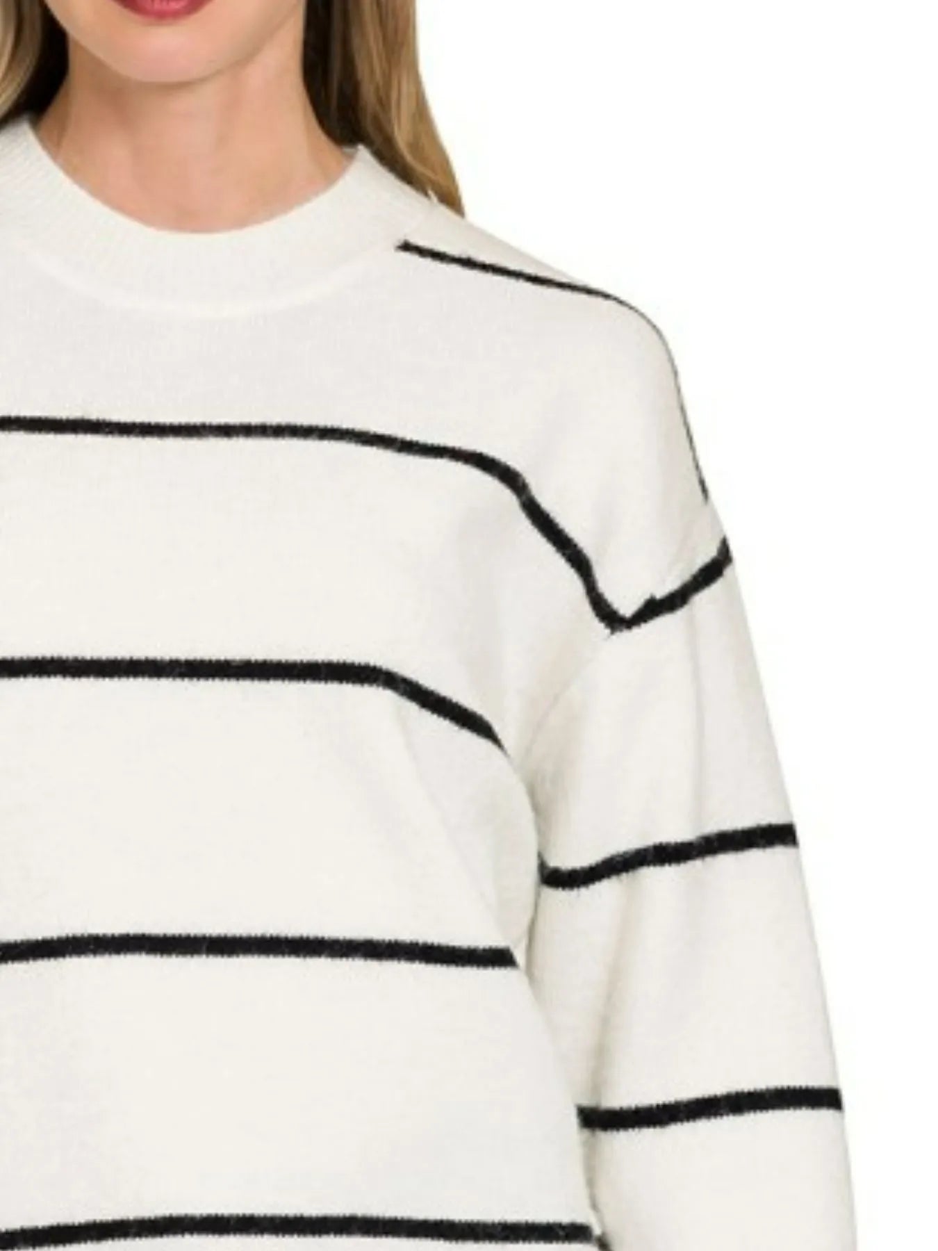 Sarah Express Women's White Black Stripe Sweater | Round Neck Oversized | Acrylic Blend | S-L