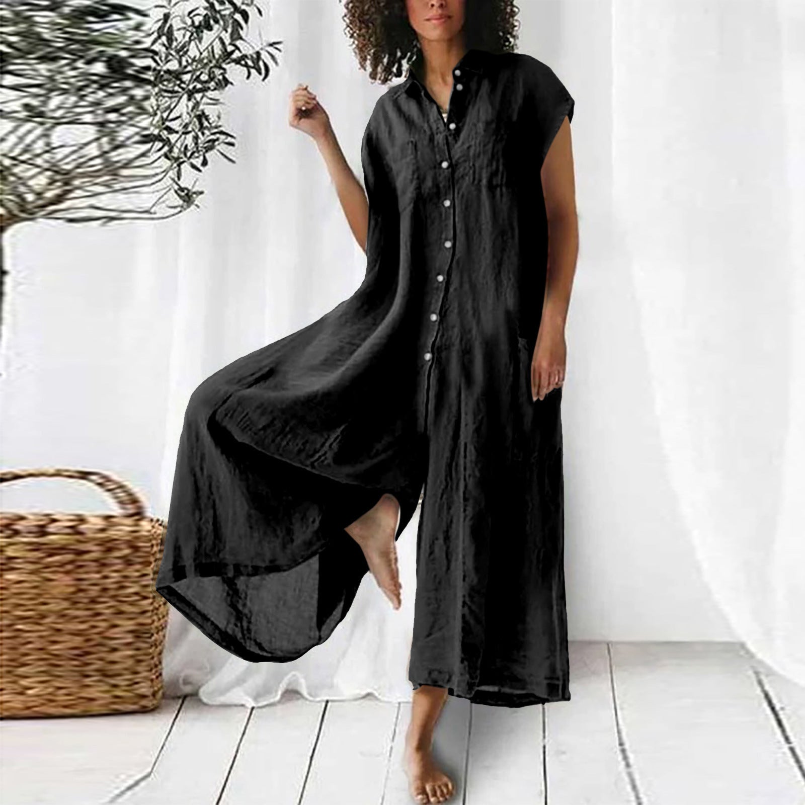 Short Sleeve Mid-Length Linen Jumpsuit Casual