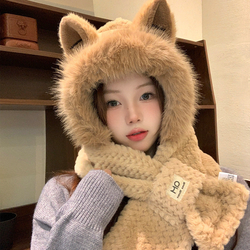 Furry Fox Ear Winter Hat with Neck Warmer Windproof Accessory