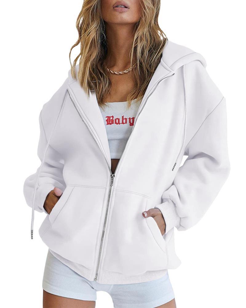Women's Zip Up Hoodie Solid Color Drawstring Sweatshirt Casual Long Sleeve Fall Winter Top