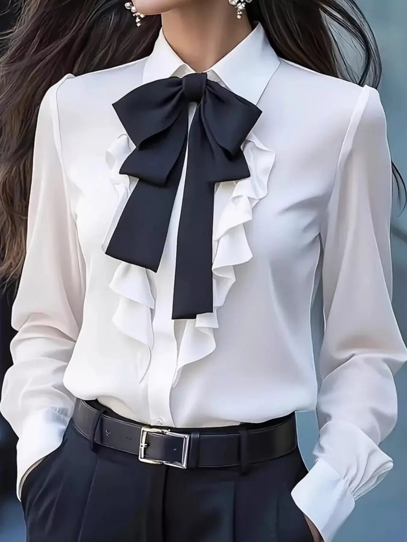 Sarah Express Women's Ruffled Tie Front Long Sleeve Blouse White