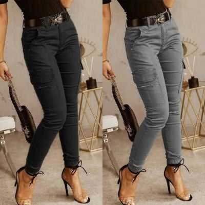 Women's Low Waist Cotton Blend Cargo Overalls Loose Fit Button Detail Trousers