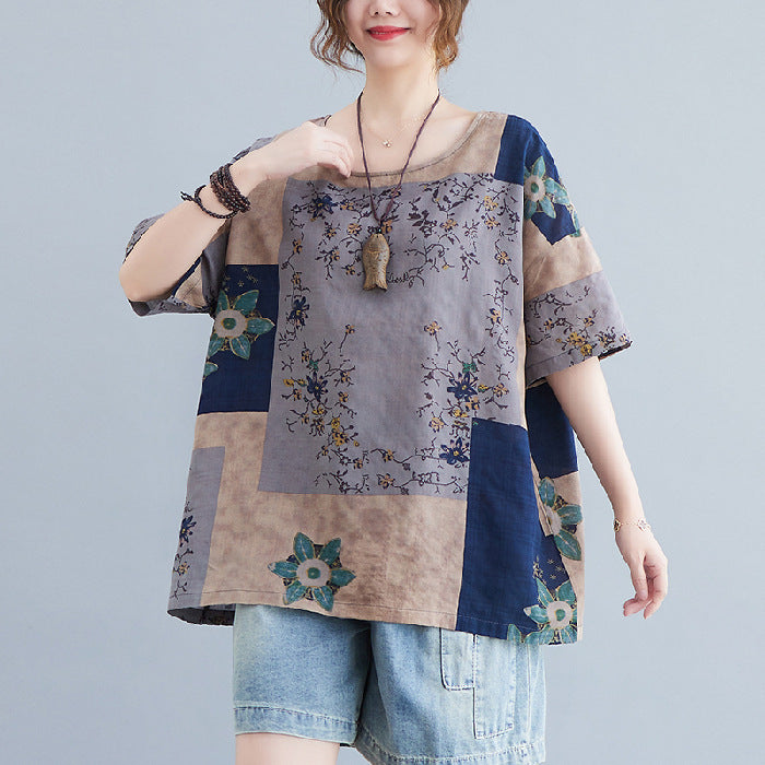 Women's Ethnic Floral Print Cotton Linen T-Shirt Loose Fit Round Neck Short Sleeve