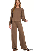 Sarah Express Women's French Rib Pullover and Pants Set - Two Piece Loungewear BROWN