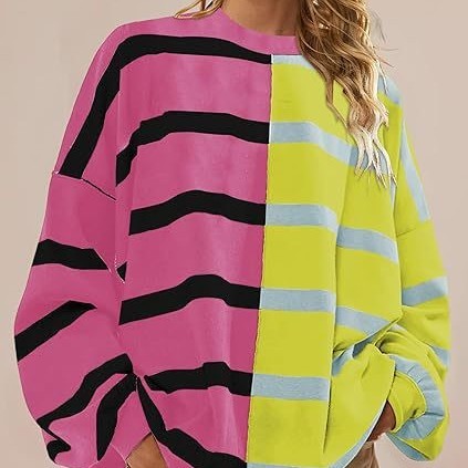 Women's Striped Knit Sweater Long Sleeve Pullover Loose Fit Acrylic