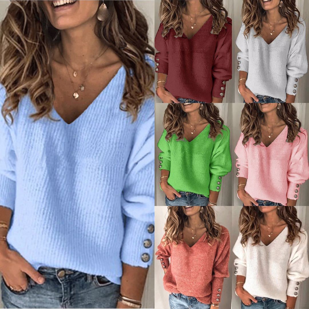 Women's Knitted V-Neck Long Sleeve T-Shirt Loose Fit