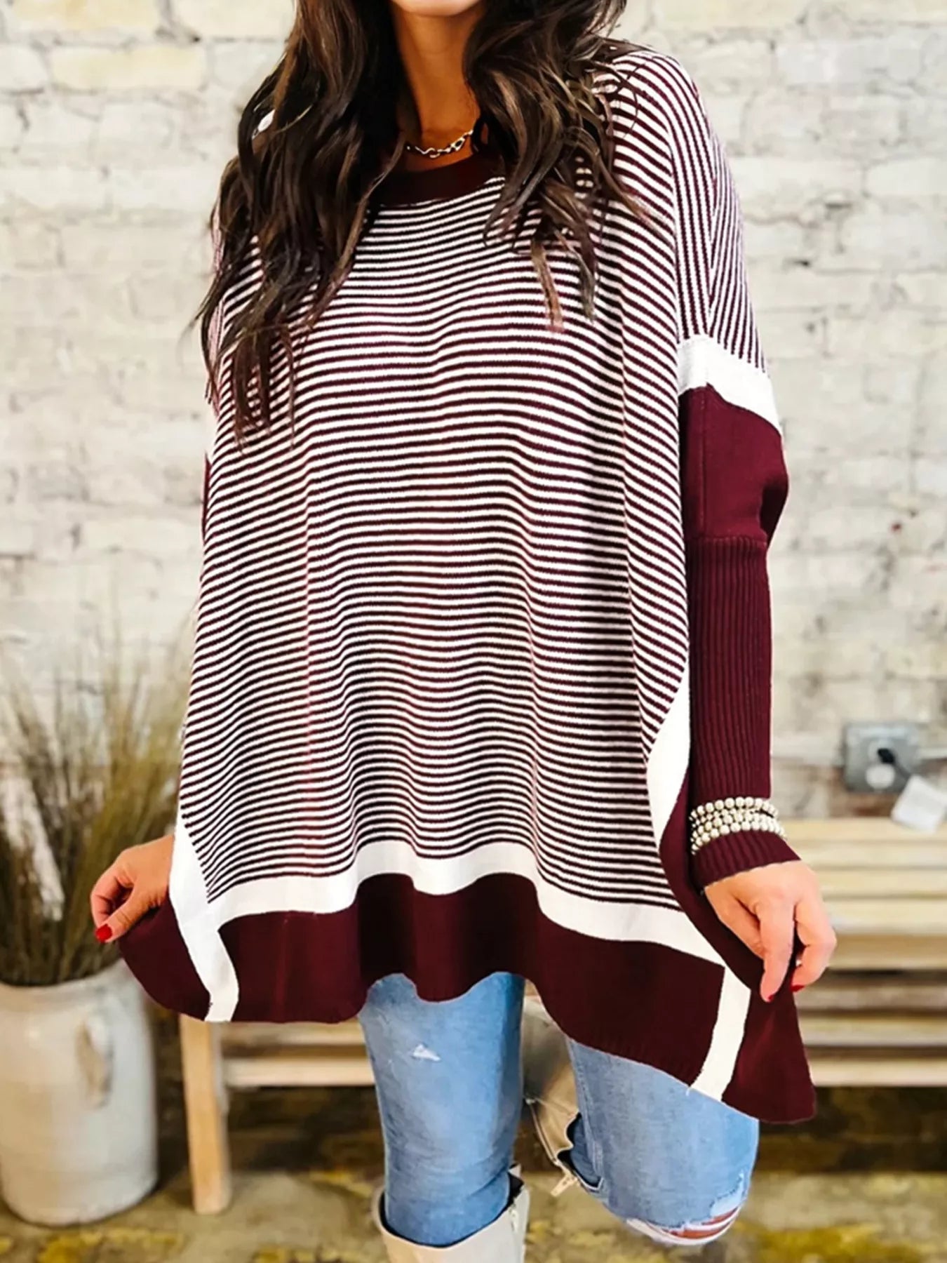 Sarah Express Women's Stripe Color Block Patchwork Dolman Oversize Tunic Sweater Burgundy