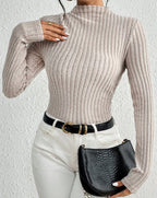 Ribbed Mock Neck Bodysuit Women's Long Sleeve Knit Jumpsuit Slim Fit Top