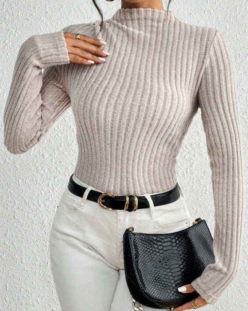 Ribbed Mock Neck Bodysuit Women's Long Sleeve Knit Jumpsuit Slim Fit Top