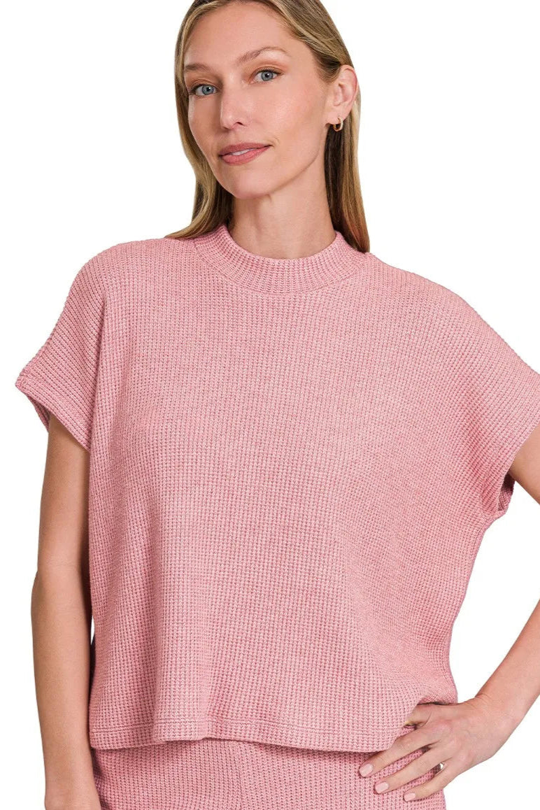 Sarah Express women’s ribbed sweater lounge set featuring a loose, boxy fit top and matching long pants.
