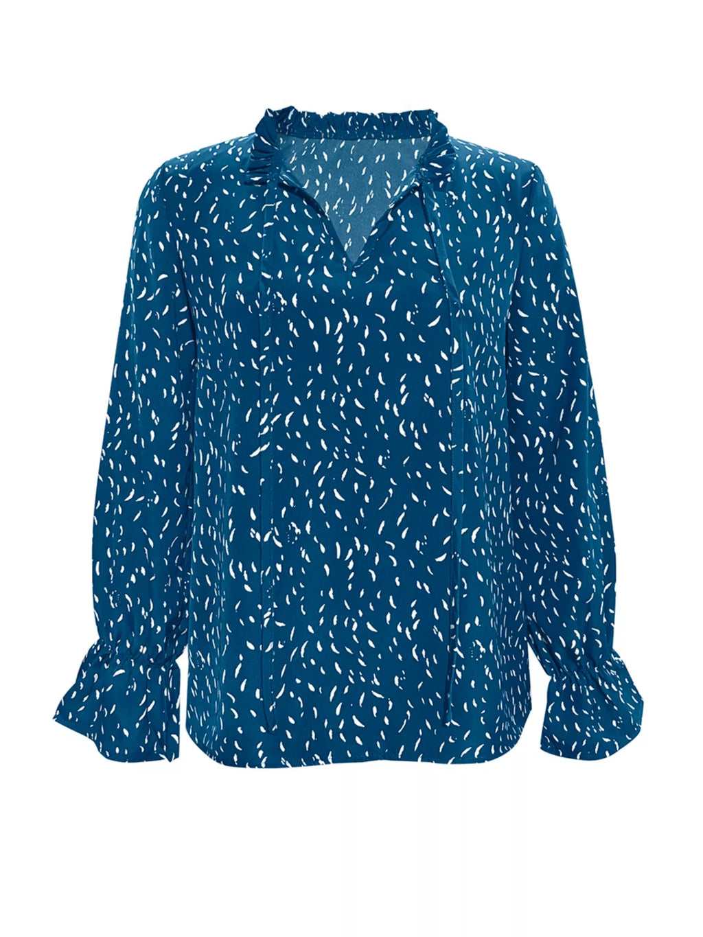 Sarah Express Women's Ruffled Printed Tie Neck Long Sleeve Blouse