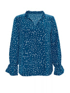 Sarah Express Women's Ruffled Printed Tie Neck Long Sleeve Blouse